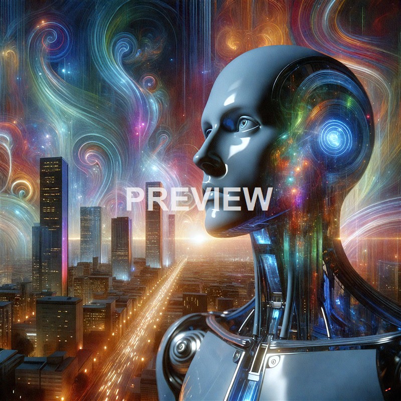 A futuristic humanoid robot with a sleek, metallic face and an illuminated, swirling pattern in place of an ear, set against a vibrant, surreal cityscape with tall buildings and colorful, swirling cosmic elements in the sky.